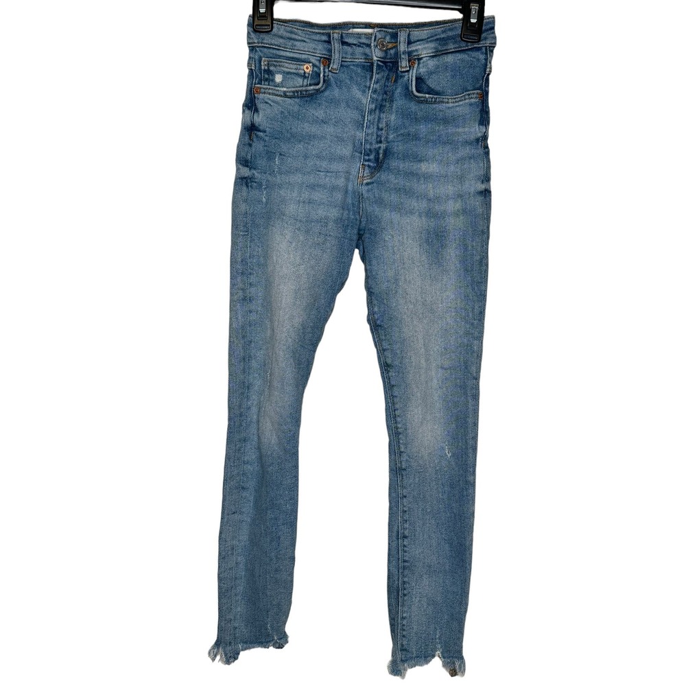 Zara Womens Jeans Mid-Rise Skinny Ankle Frayed Hem Stone Washed Denim Blue 4
